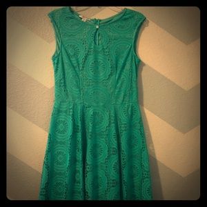 Teal lined eyelet dress with teardrop cutout